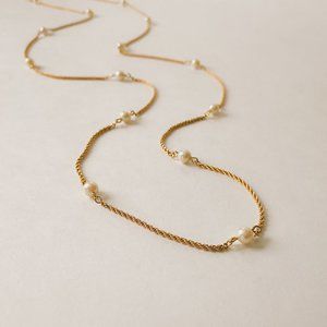 45” Vintage Faux Pearl Station Beaded Gold Rope Chain Minimalist Chain Necklace